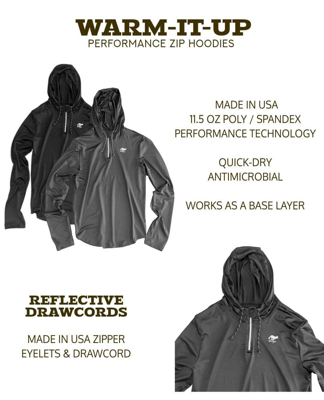 Runyon Men's American Made In USA Running Jackets Zip Hoodie - Warm-It-Up Zip Hoodie (Slate)