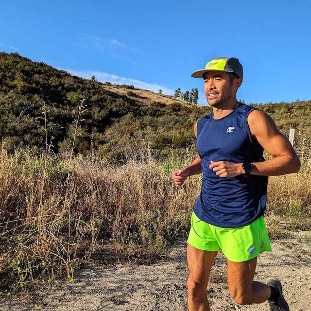 Runyon American Made In USA Camp Hats - Reflective Performance caps for Trail Running, Hiking, Fitness, Gym and the Outdoors.  Safety Fluorescent Neon Yellow. Hi-Vis.  Neon Yellow 3" Classic Running Short with Phone Pocket. Navy Blue Sleeveless Muscle Tee
