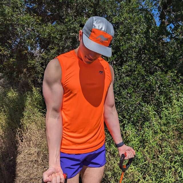 Runyon American Made In USA Camp Hats - Reflective Performance caps for Trail Running, Hiking, Fitness, Gym and the Outdoors.  Safety Fluorescent Neon Orange. Hi-Vis.  Purple 3" Classic Running Short with Phone Pocket. Neon Orange Sleeveless Muscle Tee