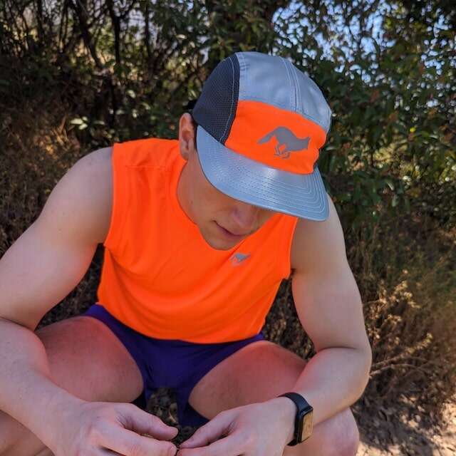 Runyon American Made In USA Camp Hats - Reflective Performance caps for Trail Running, Hiking, Fitness, Gym and the Outdoors.  Safety Fluorescent Neon Orange. Hi-Vis.  Purple 3" Classic Running Short with Phone Pocket. Neon Orange Sleeveless Muscle Tee