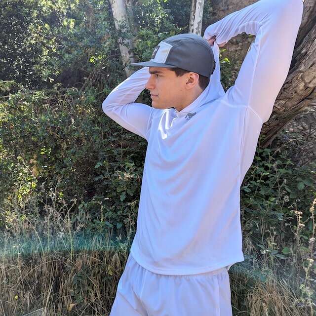 Runyon American Made In USA Camp Hats in Charcoal Grey Steel and White Long Sleeve Sun Hoodies with Thumbholes for UPF 30+ Sun Protection.