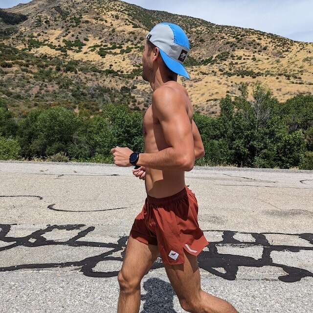 Runyon American Made In USA Camp Hats in Sky Blue. with 3" Classic Running Shorts with Phone Pockets in Rust (Red Rock)