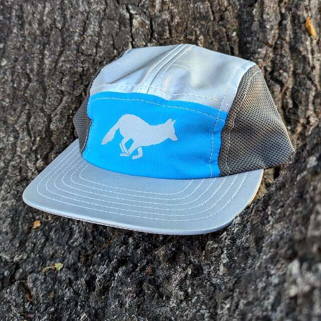 Runyon American Made In USA Camp Hats - Reflective Performance caps for Trail Running, Hiking, Fitness, Gym and the Outdoors. Bright Cyan Safety Blue. Hi-Vis. Reflective headwear.