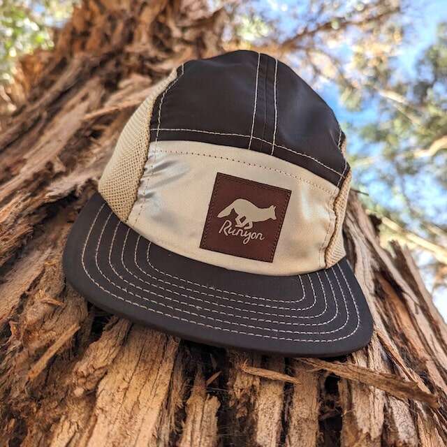 Runyon American Made In USA Camp Hats - Reflective Silver with Black Panels and Khaki Sand Mesh Sides - Quick Dry Performance Hat for Running, HIking, Fitness, Workout, Outdoors