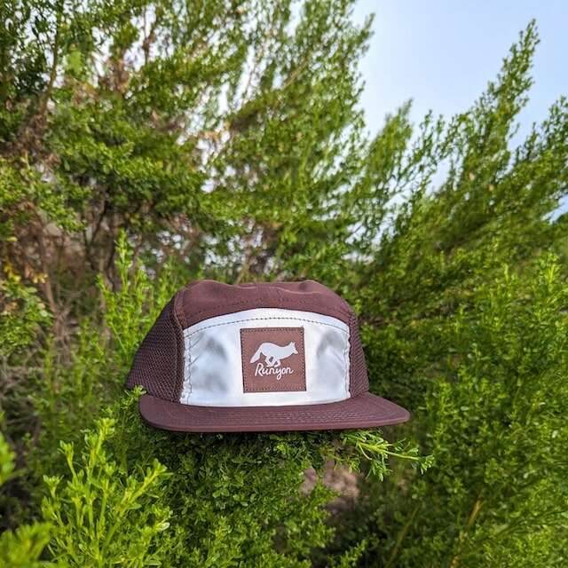 Runyon American Made In USA Camp Hats - Reflective Silver with Brown Panels - Quick Dry Performance Hat for Running, HIking, Fitness, Workout, Outdoors