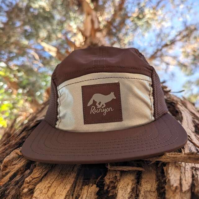 Runyon American Made In USA Camp Hats - Reflective Silver with Brown Panels - Quick Dry Performance Hat for Running, HIking, Fitness, Workout, Outdoors