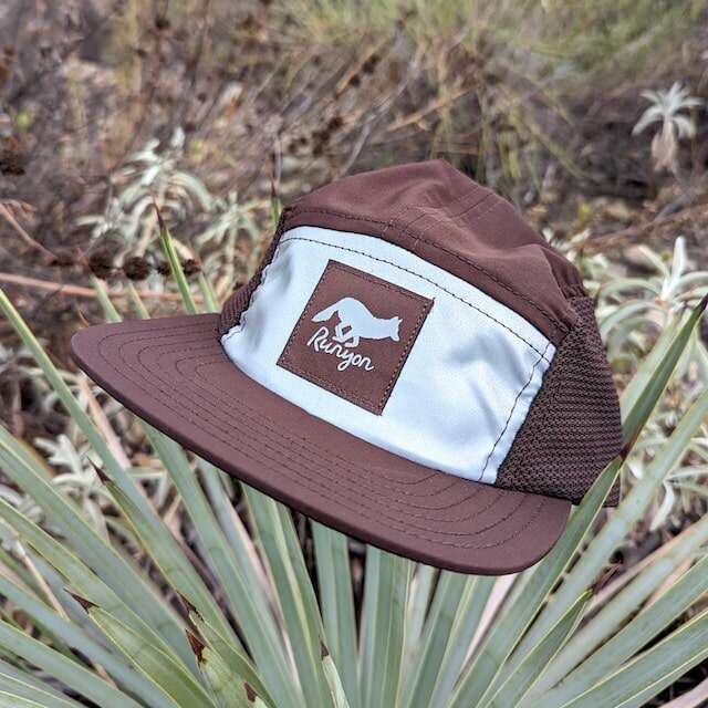 Runyon American Made In USA Camp Hats - Reflective Silver with Brown Panels - Quick Dry Performance Hat for Running, HIking, Fitness, Workout, Outdoors