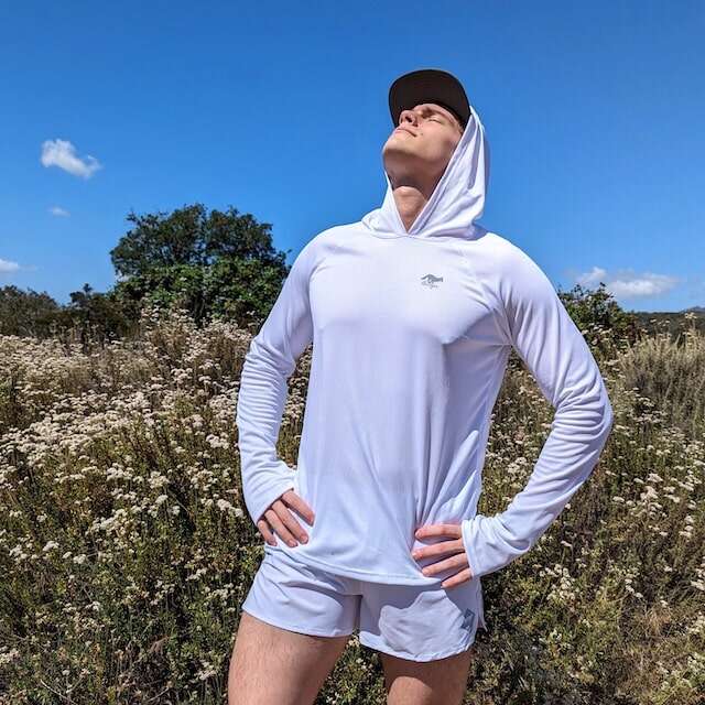 White color long sleeve technical hoodie shirts with built-in thumbholes UPF protection for running, hiking, fitness, gym, workouts.  American Made In USA. Runyon Canyon Apparel
