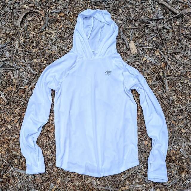 White color long sleeve technical hoodie shirts with built-in thumbholes UPF protection for running, hiking, fitness, gym, workouts.  American Made In USA. Runyon Canyon Apparel