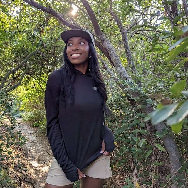 Black (light beige color) long sleeve technical hoodie shirts with built-in thumbholes UPF protection for running, hiking, fitness, gym, workouts.  American Made In USA. Runyon Canyon Apparel