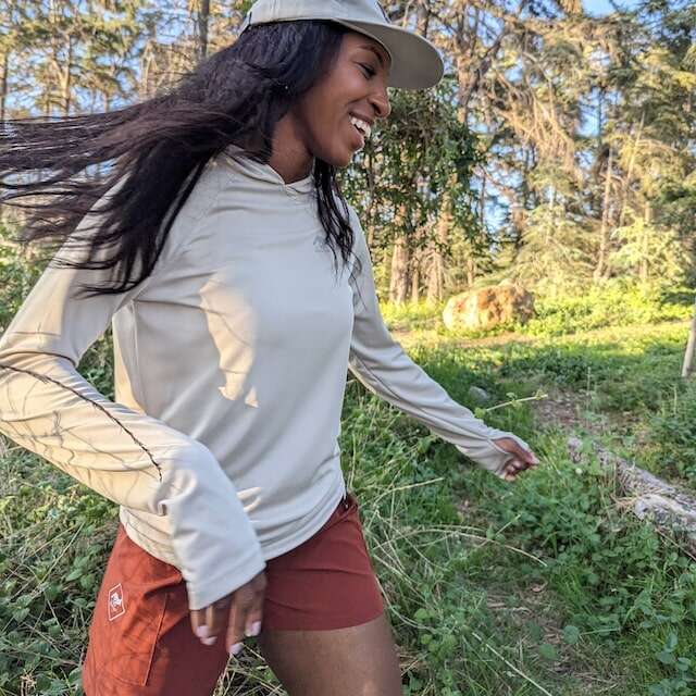 Sand (light beige color) long sleeve technical hoodie shirts with built-in thumbholes UPF protection for running, hiking, fitness, gym, workouts.  American Made In USA. Runyon Canyon Apparel